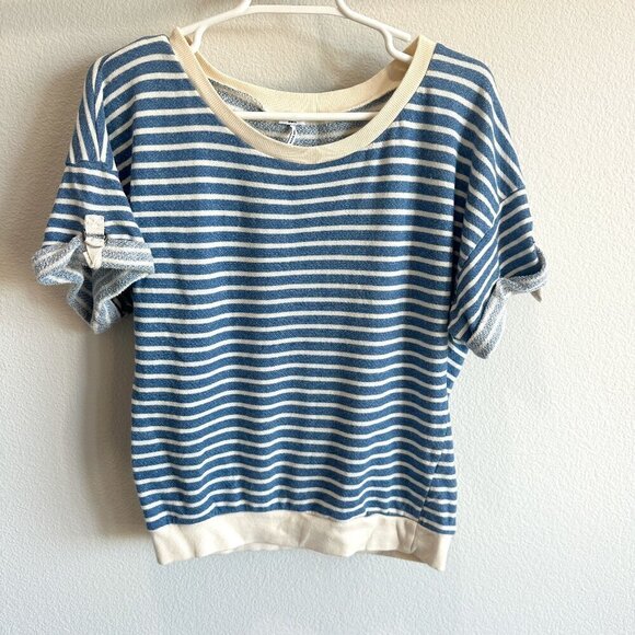 Splendid Tops - Splendid Cream & Light Blue Striped Short Sleeve Crew Neck Sweatshirt Top